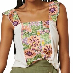 Anthropologie Tiny Cream Marin Floral Embroidered Ruffle Sleeve Tank Size Small